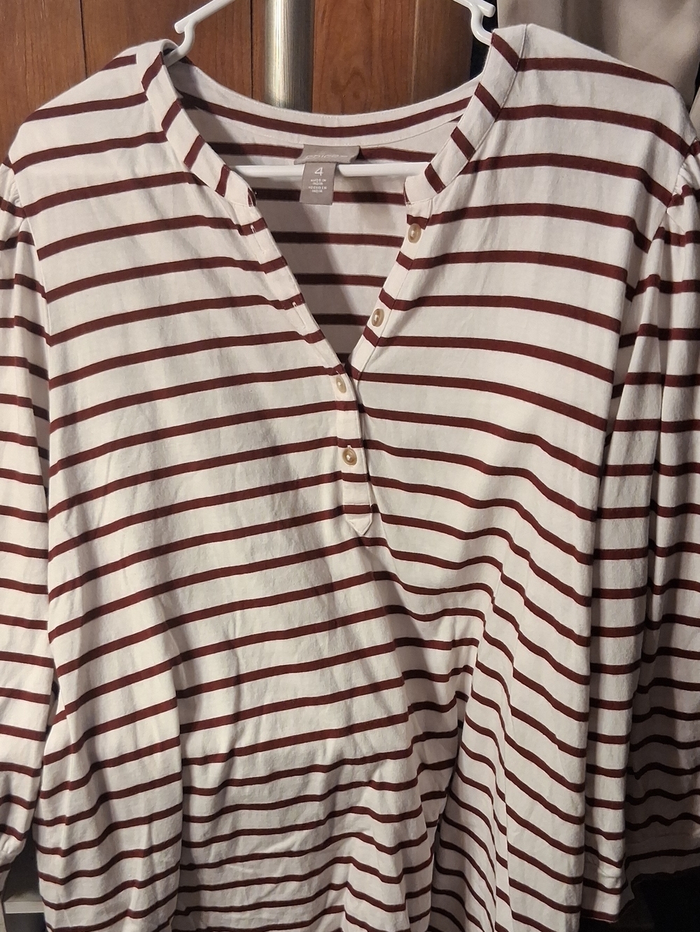 Chico's White Long Sleeve Henley with Burgundy Stripes